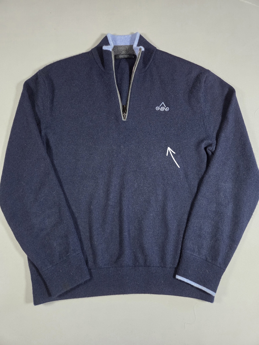 Greyson Navy Quarter-Zip Cashmere Sweater with Light Blue Trim Medium